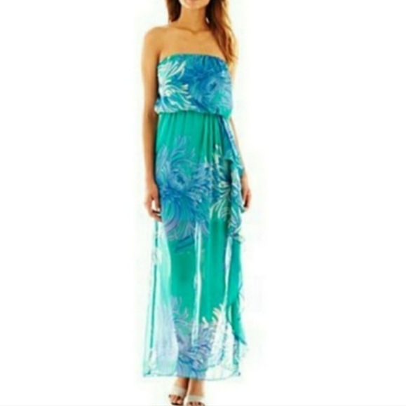 Bisou Bisou Dresses & Skirts - Bisou Bisou Strapless Blue and Teal Big Floral Print High Side Slit Maxi Dress